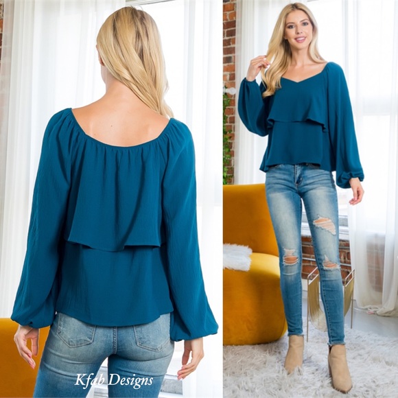 ❤️LAST 1! TEAL SWEATHEART NECKLINE TIERED RUFFLE PUFF SLEEVE TOP! - Picture 4 of 8